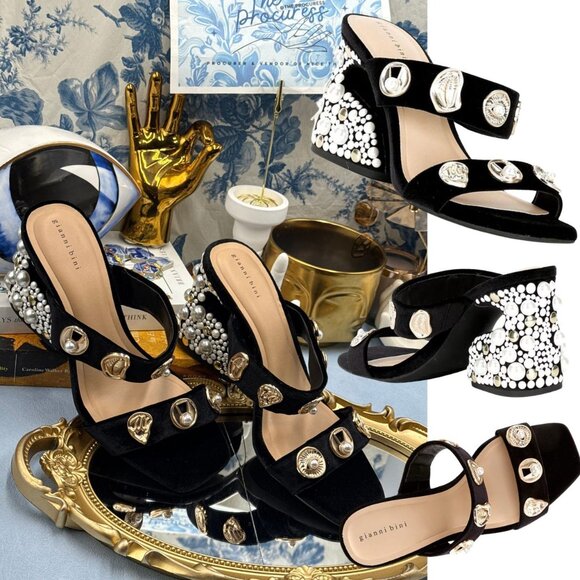 🆕 GIANNI BINI 🧿 NWOB Penei Velvet Pearl Surrealist Ornament Slide Sandal Sz 8 - Picture 1 of 9